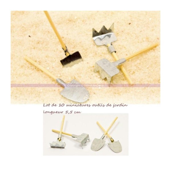 Lot de 10 Petits outils de jardinage, Miniatures Rateaux, Pelles de 55 mm de long - Photo n°1