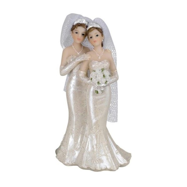 Couple de Mariées femmes brunes en résine, Figurines de mariage haut. 10,6 cm - Photo n°1