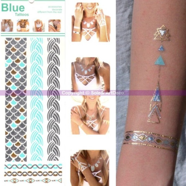 Tatouage Bracelet tressé et Écailles, Planche Tattoo éphémère or, argent, bleu 23 x 9 cm - Photo n°1