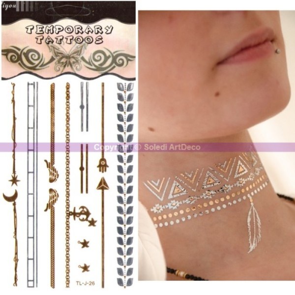 Tatouage éphémère métal Fatma et croissant de lune, étoile doré argent, Planche de tattoo 15,5 x 9,5 - Photo n°2