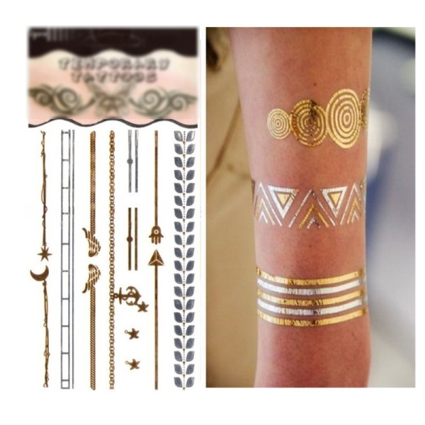 Tatouage éphémère métal Fatma et croissant de lune, étoile doré argent, Planche de tattoo 15,5 x 9,5 - Photo n°1
