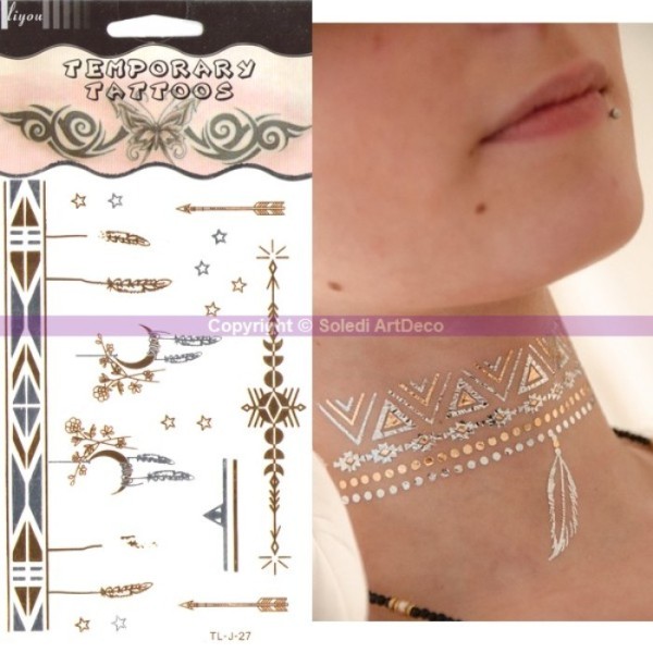 Tatouage éphémère métal Bracelet Lune et plumes doré et argent, Planche Tattoo: 15,5 x 9,5 cm - Photo n°2