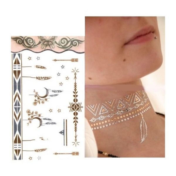 Tatouage éphémère métal Bracelet Lune et plumes doré et argent, Planche Tattoo: 15,5 x 9,5 cm - Photo n°3