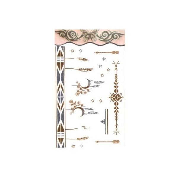 Tatouage éphémère métal Bracelet Lune et plumes doré et argent, Planche Tattoo: 15,5 x 9,5 cm - Photo n°1