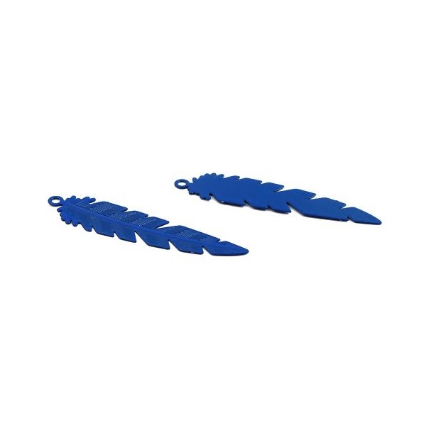 PS11655481 PAX 10 Estampes pendentifs Plumes Ajourées 35mm cuivre couleur Bleu - Photo n°3