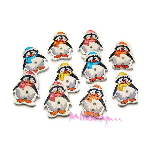 Boutons pingouins bois multicolore - 10 pièces - Photo n°1