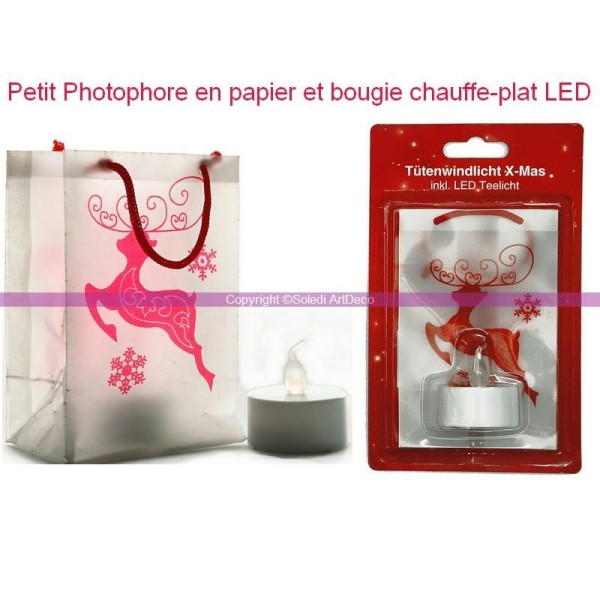 Photophore en papier, haut. 11 cm, Renne rouge, Bougie chauffe-plat LED inclus - Photo n°1