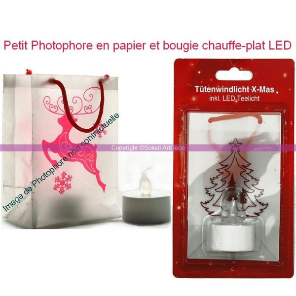 Photophore en papier, haut. 11 cm, Sapin de noël, Bougie chauffe-plat LED inclus - Photo n°1