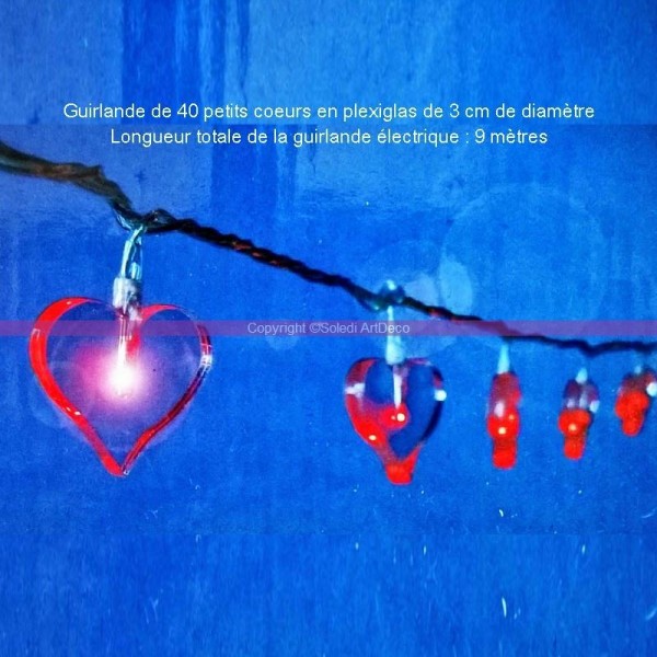 Maxi Guirlande Lumineuse électrique 40 Coeurs LED rouge 3 cm, long. totale 9 m - Photo n°1