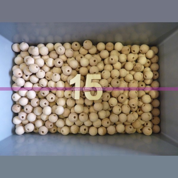 Lot de 100 boules percées en bois de hêtre, diamètre 15 mm, perçage 4 mm - Photo n°2