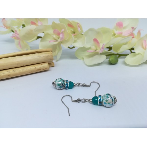 Kit boucles d'oreilles perles turquoises et rondelle strass bleue - Photo n°2