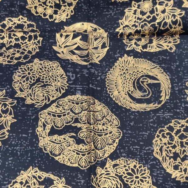 Coupon tissu japonais - grue et fleur doré et bleu - coton - 50x38cm - Photo n°1