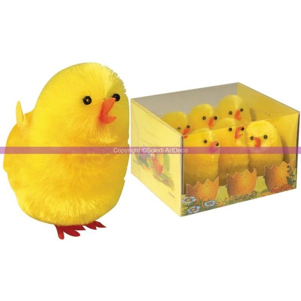 Lot de 6 Poussins de Pâques en chenille de soie jaune, hauteur 5 cm, dans une boite en PVC - Photo n°1