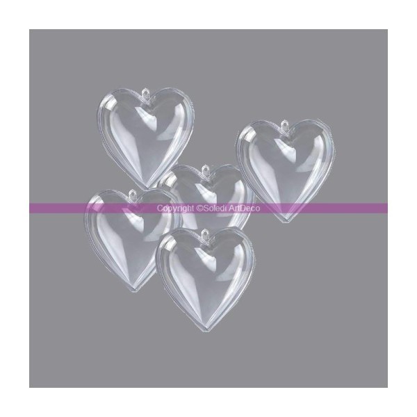 Lot de 5 Coeurs en plastique cristal transparent séparable 6,5 cm, Contenant sécable - Photo n°1