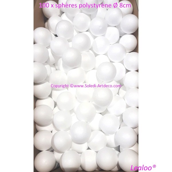 Gros Lot 100 boules pleines Diam. 8 cm en polystyrène, Sphères Styropor blanc densité pro - Photo n°2