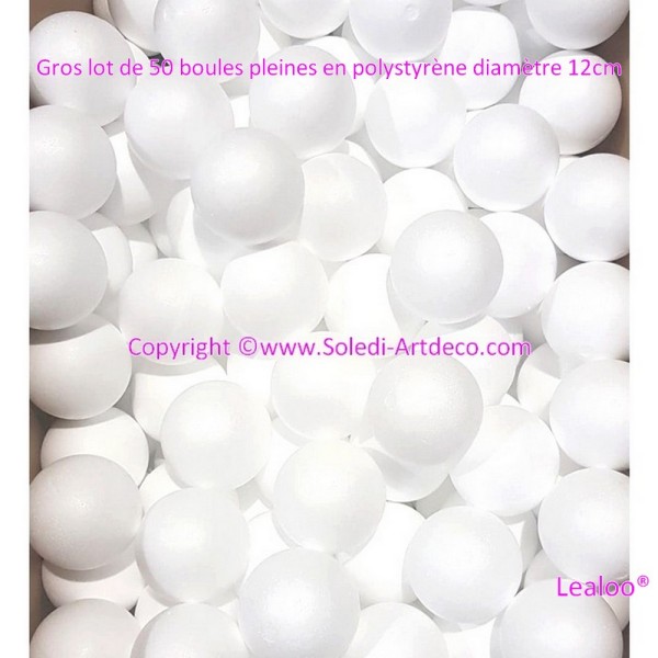 Lot 50 boules pleines en polystyrène diamètre 12 cm, Styropor blanc densité professionnelle - Photo n°2