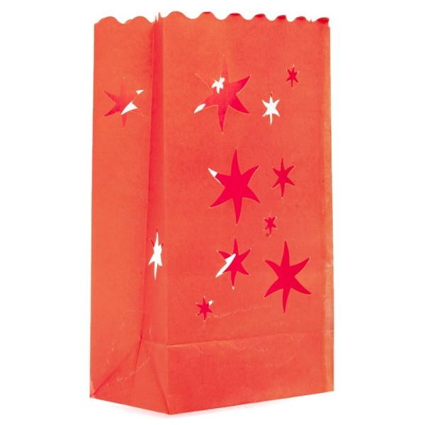Photophores couleur rouge terracotta haut. 26 cm, Découpe étoiles, en papier ignifugé, lot de 10 - Photo n°1