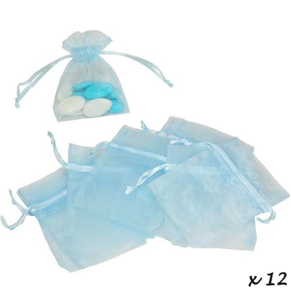 Lot de 12 sachets en Organdi bleu clair, Pochons en organza pour dragées, 7,5 cm x 10 cm - Photo n°2