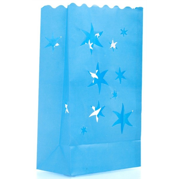 Lot de 10 Photophores couleur Bleu turquoise haut. 26 cm, Découpe étoiles, en papier ignifugé - Photo n°1