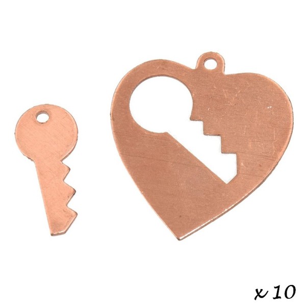Lot de 10 Pendentifs en cuivre, Coeur avec clé 1 trou, 28 x 26 mm - Photo n°2