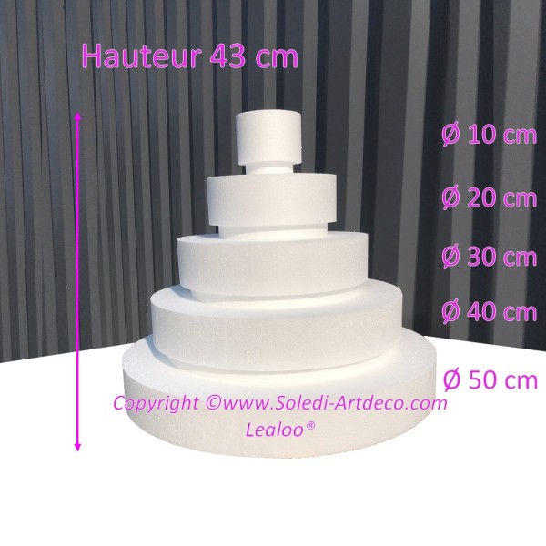 Pièce montée Wedding Cake, Hauteur 43 cm, Base Ø 50cm à 10cm, 5 étages en Polystyrène - Photo n°2