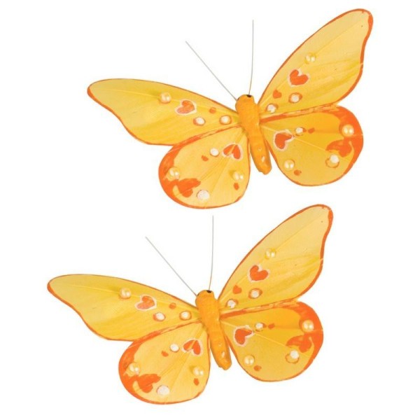 6 Papillons en plume avec demi-perles de couleur Orange mandarine, 10 cm, sur pince - Photo n°1