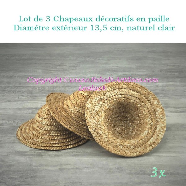 Lot de 3 Chapeaux décoratifs en paille, Ø extérieur 13.5 cm, naturel clair - Photo n°1