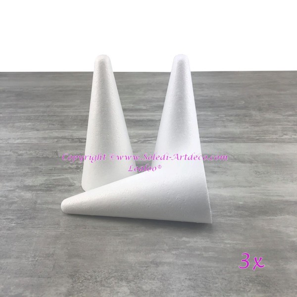 Lot de 3 cônes en polystyrène de 20 cm de haut, Styropor blanc, Diamètre de la base 9 cm - Photo n°2