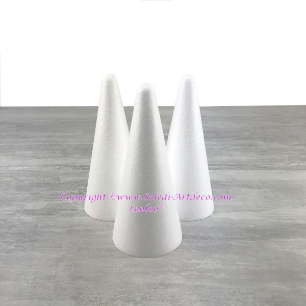 Lot de 3 cônes en polystyrène de 20 cm de haut, Styropor blanc, Diamètre de la base 9 cm - Photo n°1