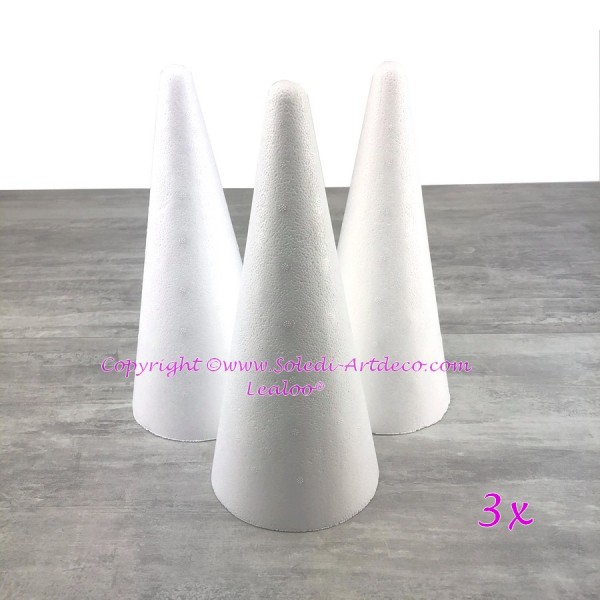 Lot de 3 cônes en polystyrène plein de 28 cm de haut, diamètre de base 12 cm, densité supérieure - Photo n°2