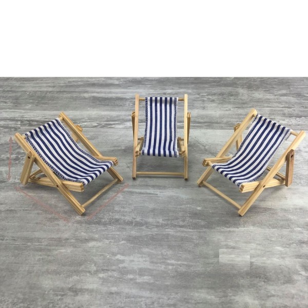 Lot de 3 minis Chaises longues en bois clair 11 cm, Transat décoratif tissu à rayures bleu clair - Photo n°1