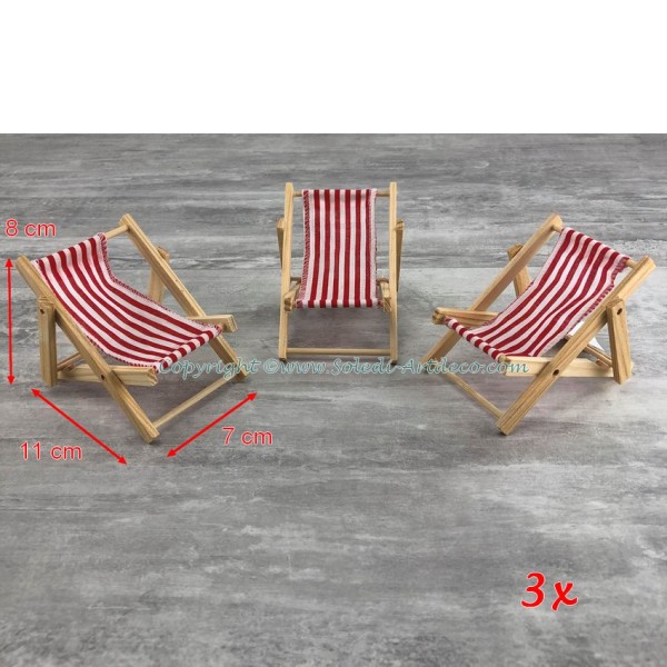 Lot de 3 minis Chaises longues en bois clair 11 cm, Transat décoratif tissu à rayures Rouge - Photo n°2