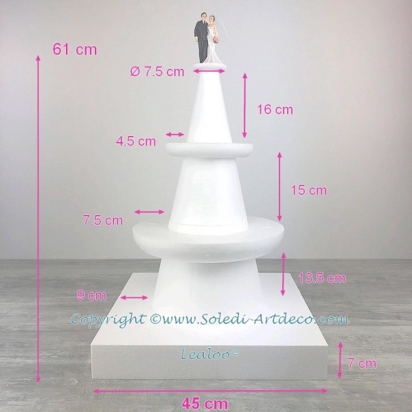 Présentoir Polystyrène de 61 cm de haut, 3 étages en Styro, Base carrée 45 cm, pour Wedding cake, Ma - Photo n°3
