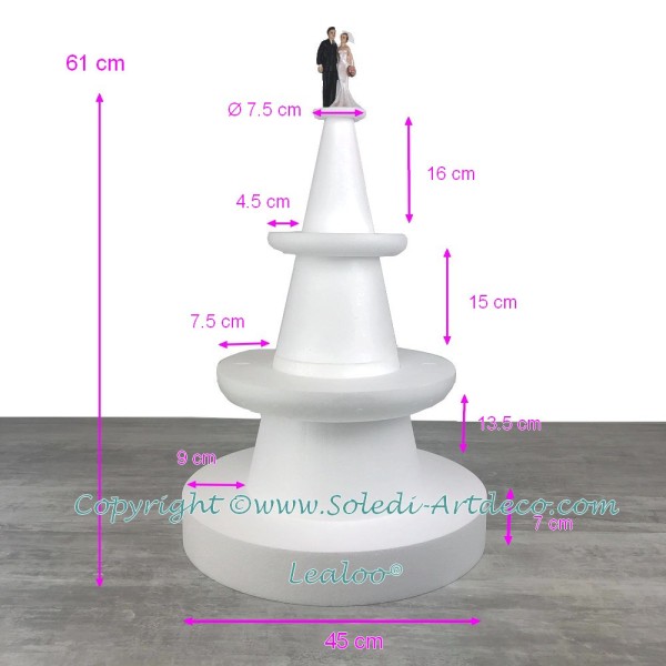 Présentoir Polystyrène Hauteur 61 cm, à 3 étages en Styro, Base Ø 45cm, pour Wedding cake et mariage - Photo n°2