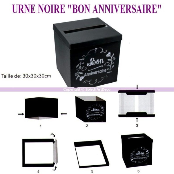 Urne Carrée en carton noir et impression Bon Anniversaire, 30 x 30 x 30 cm à dé - Photo n°1