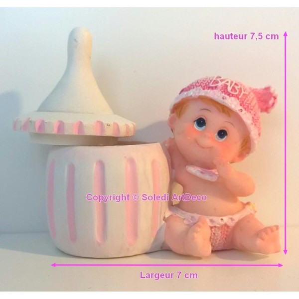 Contenant à dragées, figurine Bébé fille rose avec son biberon, Boite en résine hauteur 7,5 cm - Photo n°1