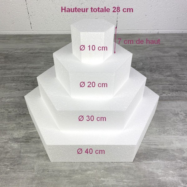 Pièce montée Hexagonale en polystyrène, Base 40 cm à 10 cm, 4 socles de 7 cm de haut, Total 28 cm - Photo n°2