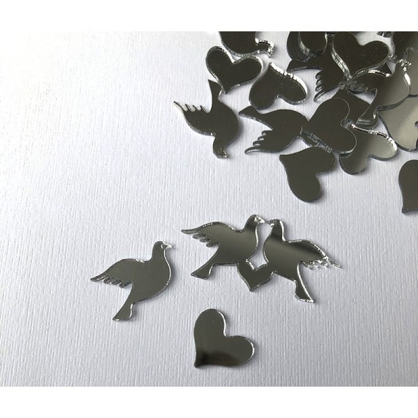 Lot de 60 Coeurs et colombes, ø 2 à 5 cm, en Miroir plastique à éparpiller ou à coller, décoration d - Photo n°2