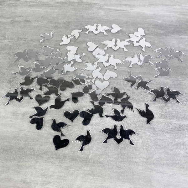 Lot de 60 Coeurs et colombes, ø 2 à 5 cm, en Miroir plastique à éparpiller ou à coller, décoration d - Photo n°1