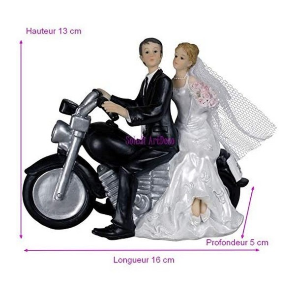 Grand Couple de mariés à Moto en résine pour décoration de Mariage, figurine Motards 13 x 7 x 16 cm - Photo n°2