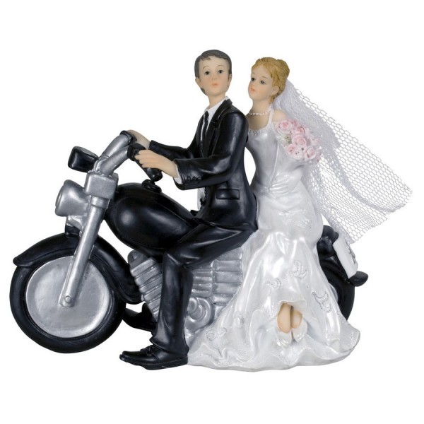 Grand Couple de mariés à Moto en résine pour décoration de Mariage, figurine Motards 13 x 7 x 16 cm - Photo n°1