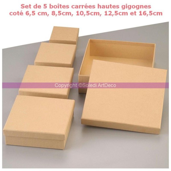Set de 5 boîtes carrées hautes gigognes en carton, coté 6,5 cm, 8,5cm, 10,5cm, 1 - Photo n°1