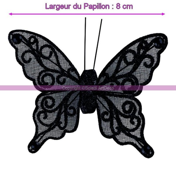 Papillon en Organza pailletée Noir de 8 cm, avec cabochons Noir, Corps pailleté, sur p - Photo n°1