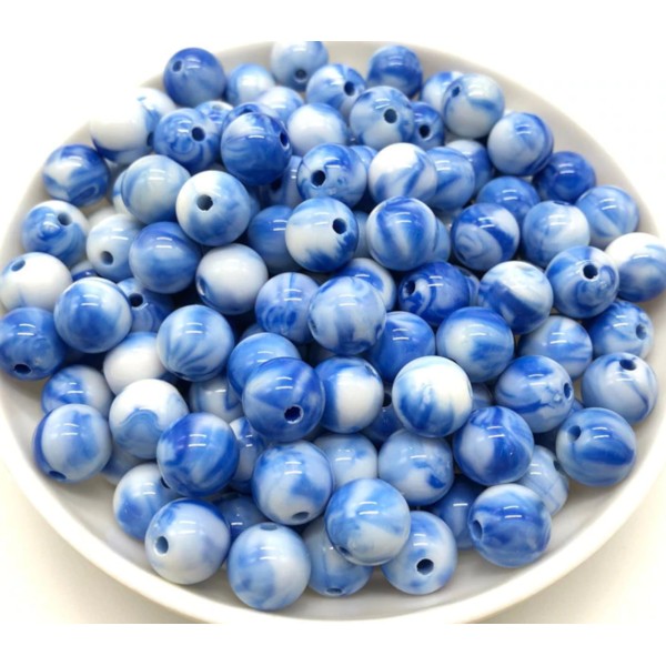 LOT 50 PERLES ACRYLIQUES : rondes marbrées bleu/blanche 6mm - Photo n°1
