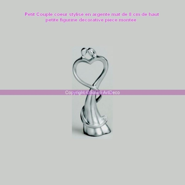 Petit Couple coeur stylisé en argenté mat, de 8 cm de haut, Figurine décorative pièce montée - Photo n°1