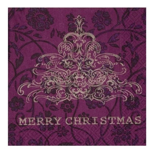 Lot de 20 Serviettes en papier motif Noël baroque violet et vieil or - Photo n°1