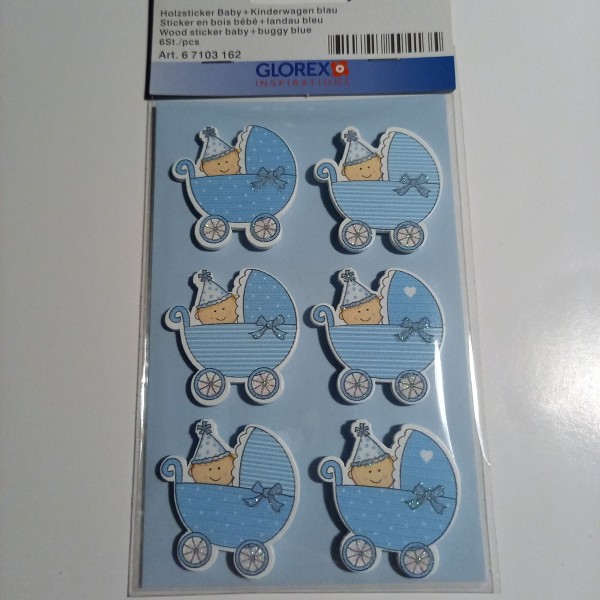 Sticker en bois bébé + landau  bleu - Photo n°1