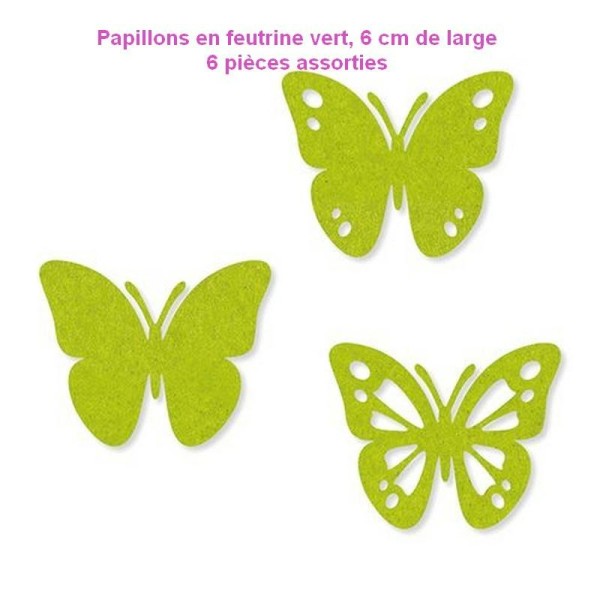Papillons en feutrine Vert, 6cm de large et 5cm de haut, 6 pièces assorties - Photo n°1