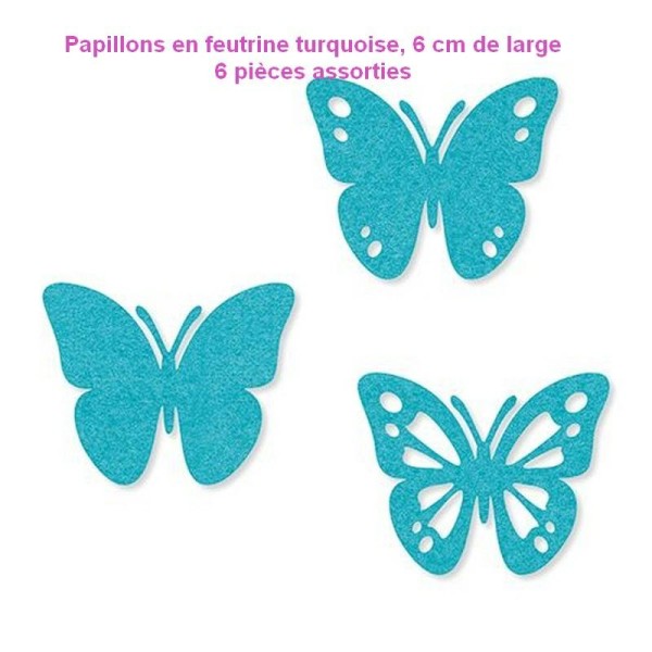 Papillons en feutrine Turquoise, 6cm de large et 5cm de haut, 6 pièces assorties - Photo n°1