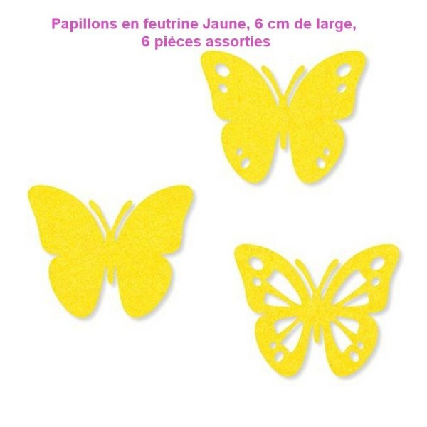 Papillons en feutrine Jaune, 6cm de large et 5cm de haut, 6 pièces assorties - Photo n°1